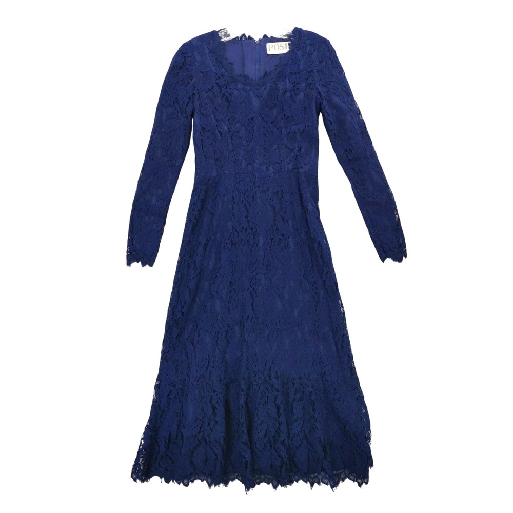 vtg Blue Lace Dress Sz XS/S Posh by Jay‎ Anderson Long Sleeve V Neck